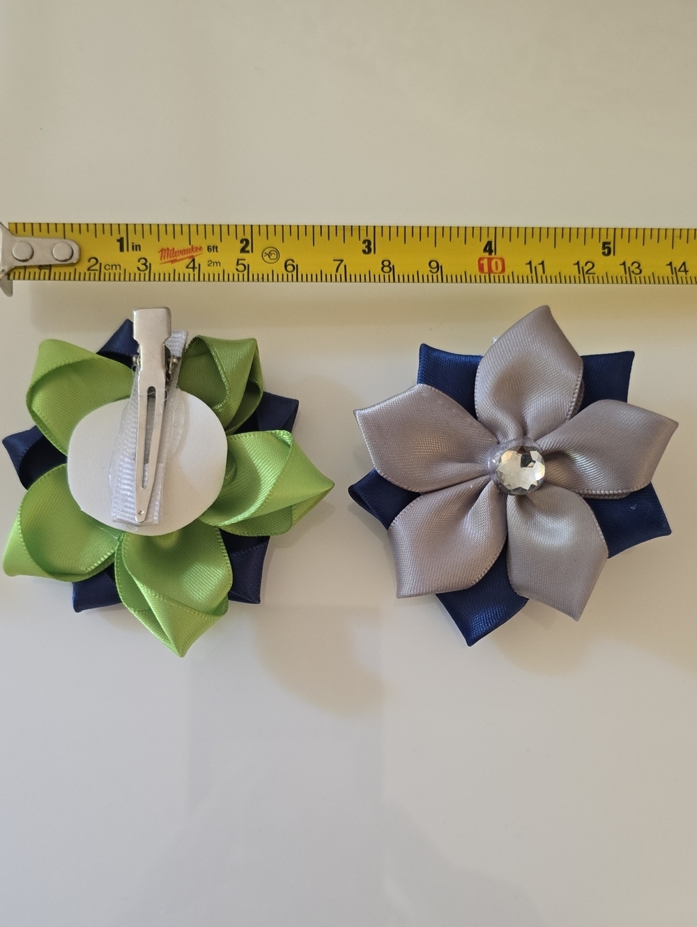 Handmade, Blue & Green Satin Flower Hair Clips for Kids - Set of 2 - Picture 3 of 5